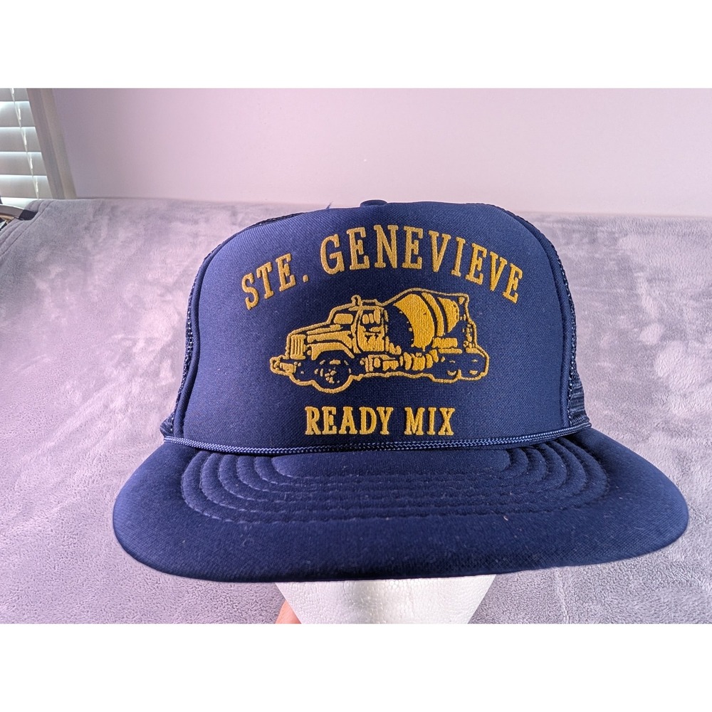 Vintage Ste Genevieve Ready Mix Trucker Hat Navy Blue Capital Snapback Mesh Cap